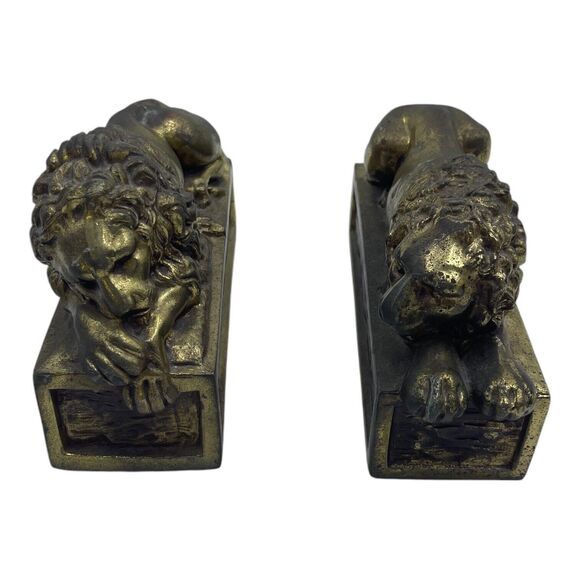 Vintage Gold Tone Sleep Lion Bookends 7.5”x  3” - Picture 1 of 8